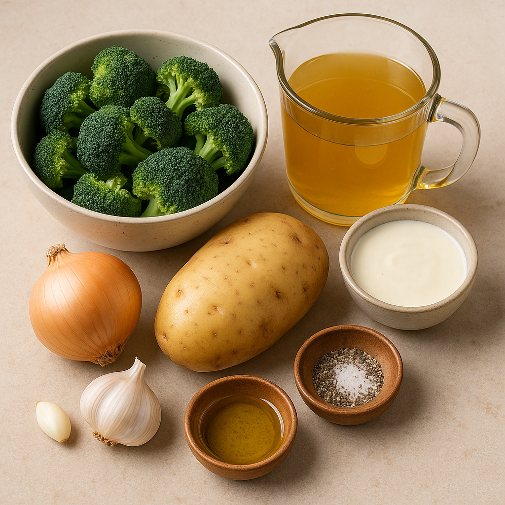 Ingredientes para crema de brócoli: brócoli, patata, cebolla, ajo y caldo