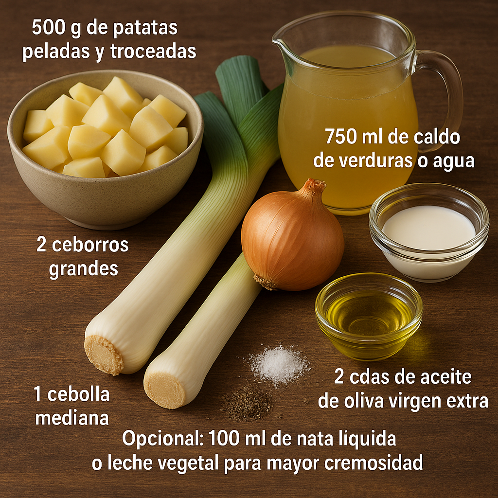 Ingredientes crema de patata y puerro: patata, puerro, cebolla y caldo