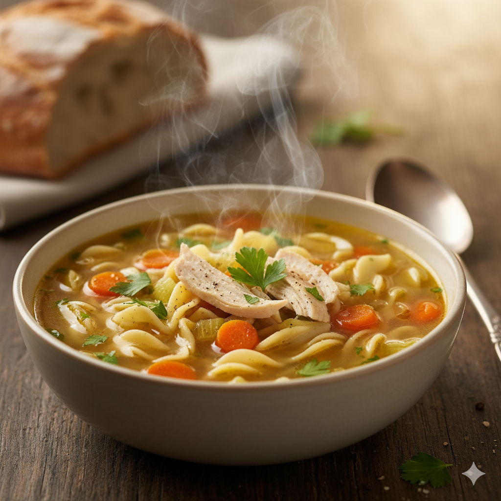 Cuenco de sopa de pollo con fideos servido, con perejil picado