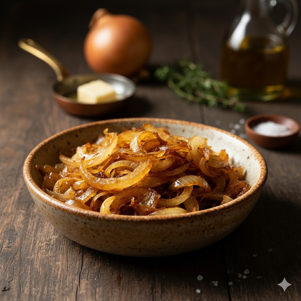 Cebolla caramelizada vegana sin azúcar servida