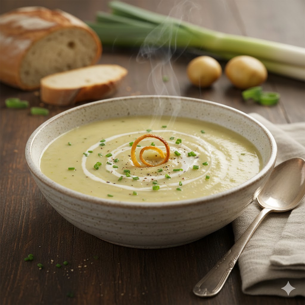 Crema de Puerro y Patata (Vichyssoisse Caliente) servida
