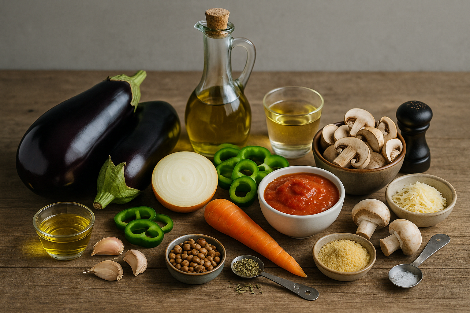 Ingredientes para berenjenas rellenas: berenjenas, cebolla, pimiento, zanahoria, ajo, tomate, lentejas