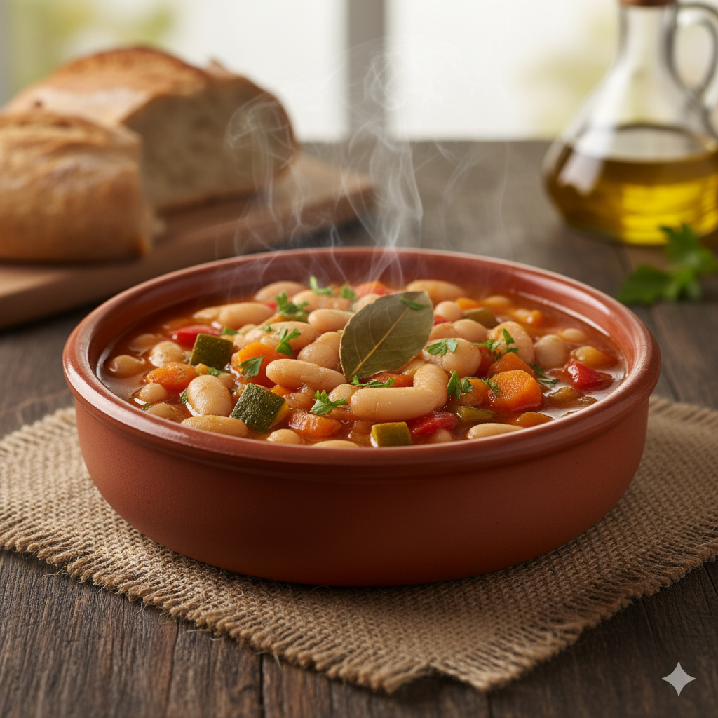 Plato de alubias con verduras servido caliente en un cuenco