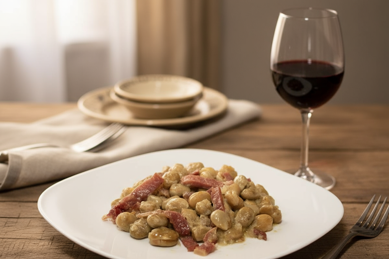 Habas Rehogadas con Jamón terminadas y servidas