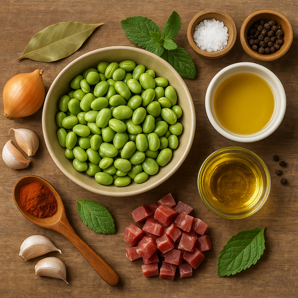 Ingredientes para habas rehogadas con jamón