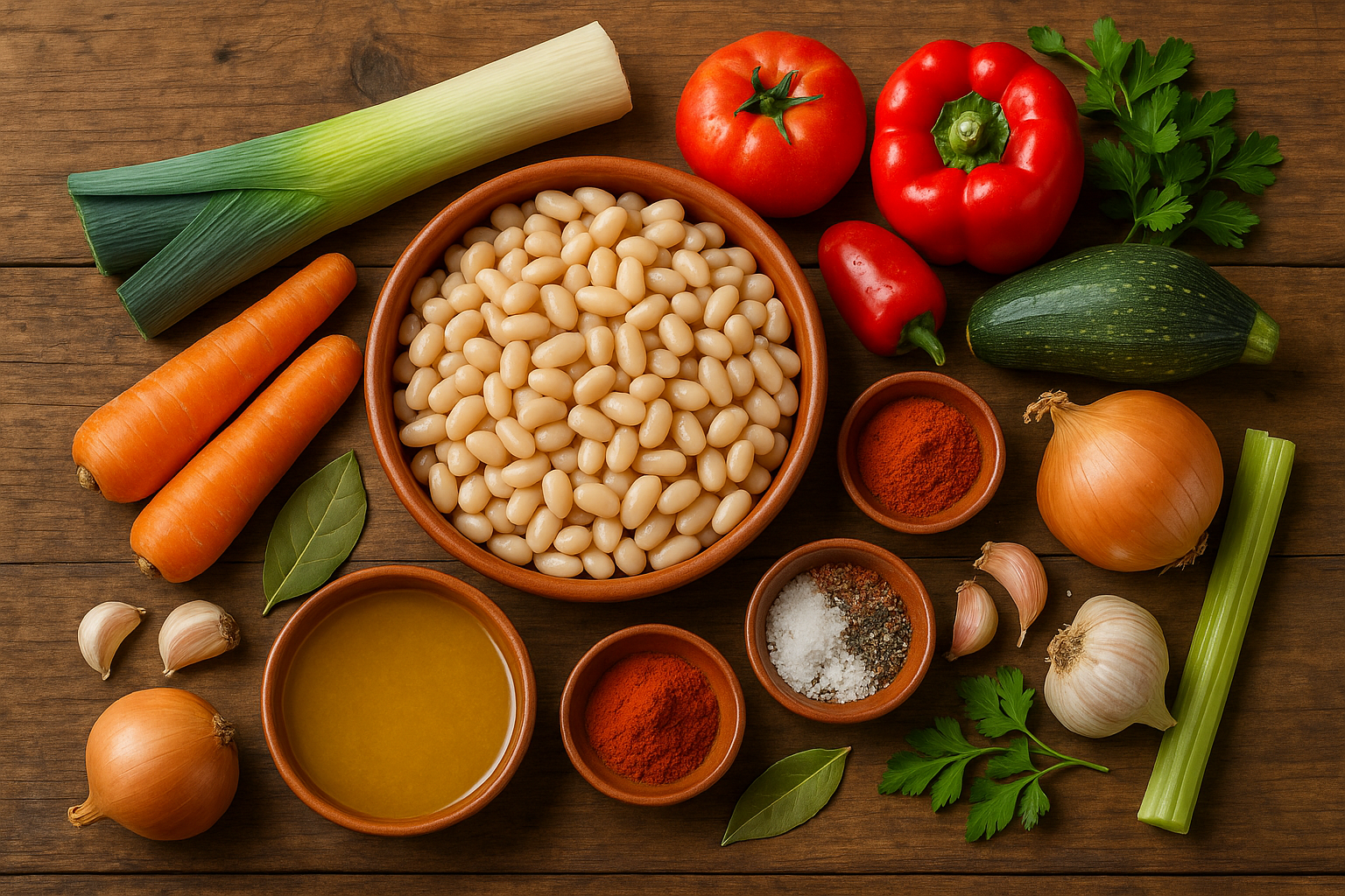 Ingredientes para alubias con verduras: alubias, cebolla, zanahoria, pimiento, tomate, calabacín