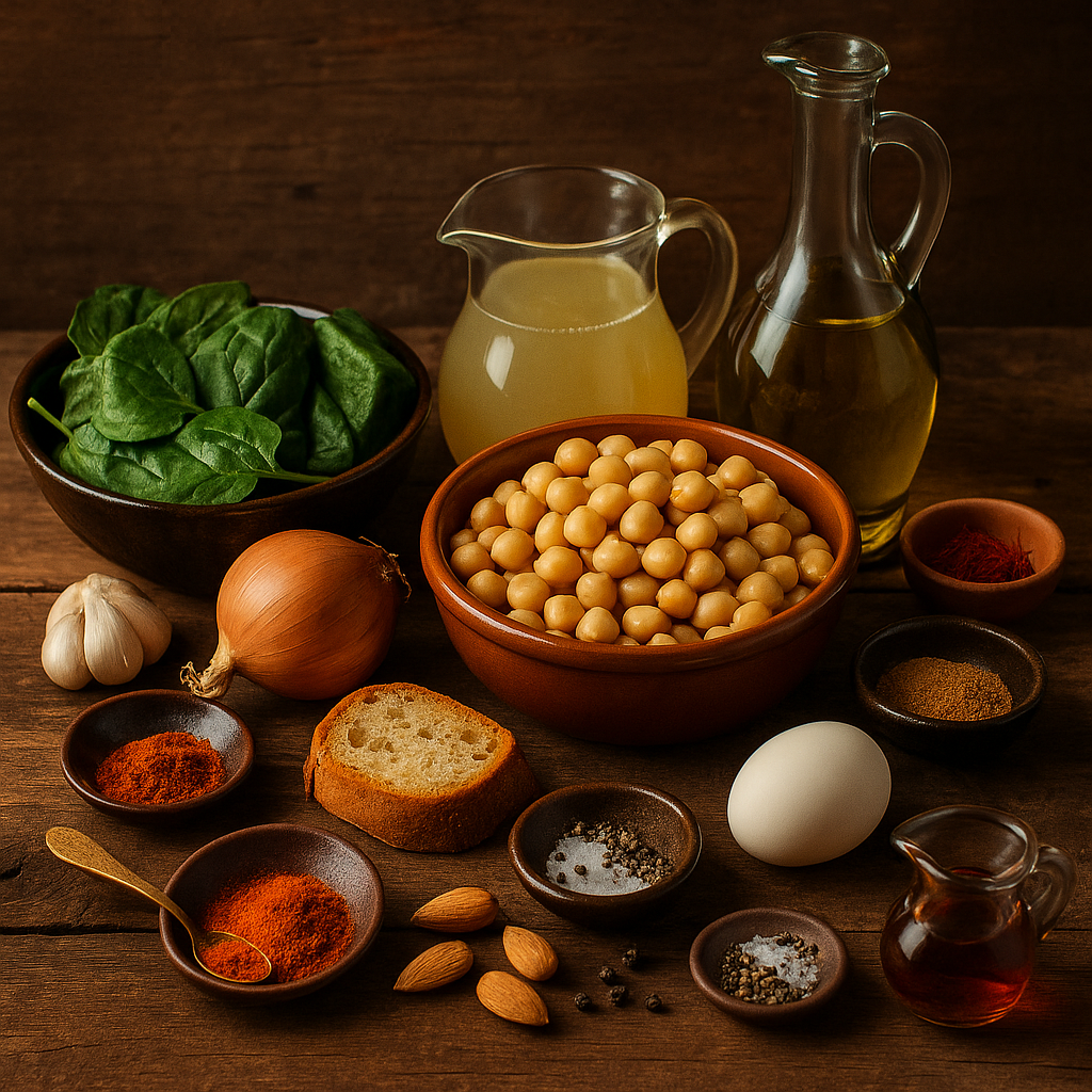 Ingredientes para garbanzos con espinacas: garbanzos, espinacas, cebolla, ajo, almendras