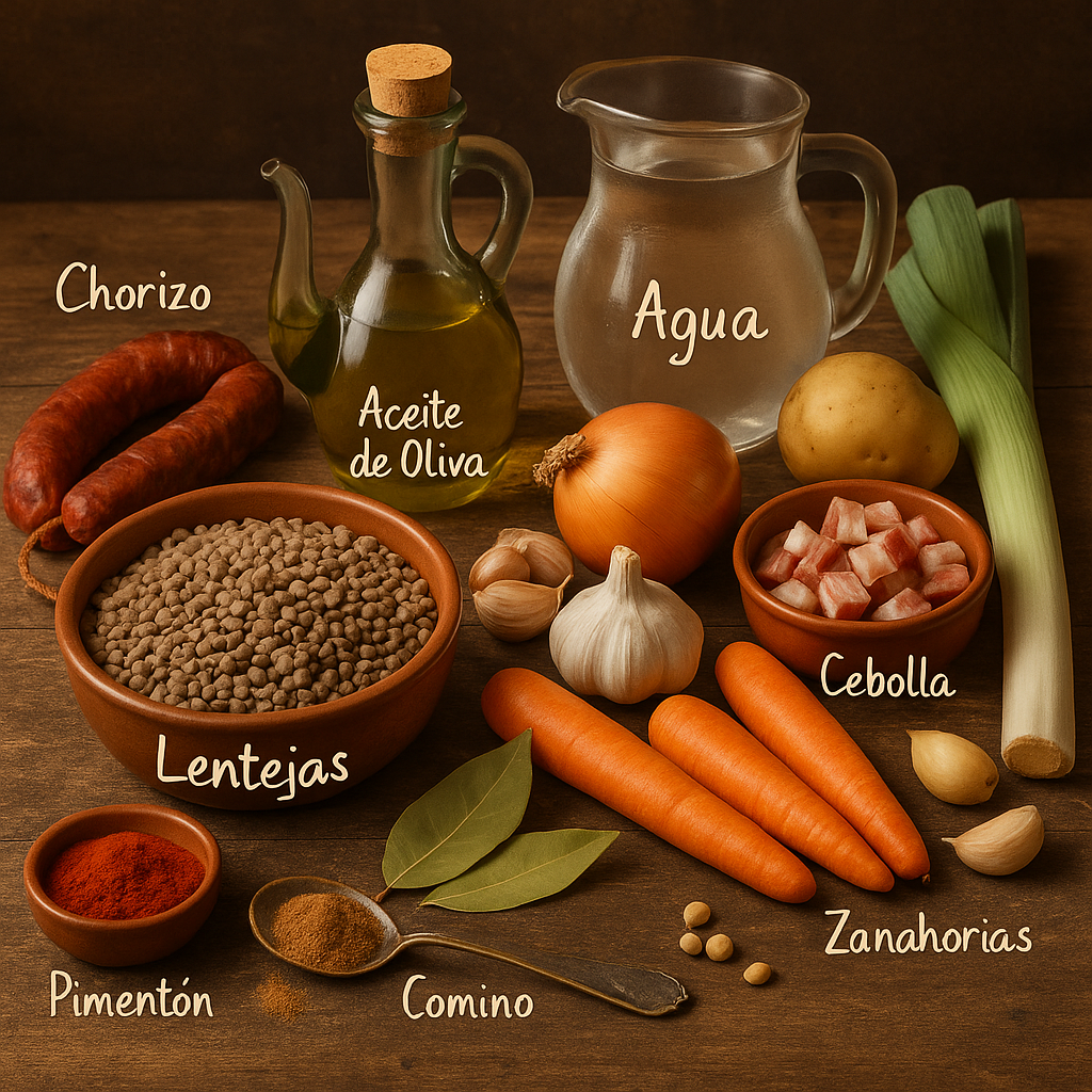 Ingredientes frescos para lentejas: lentejas secas, chorizo, verduras variadas