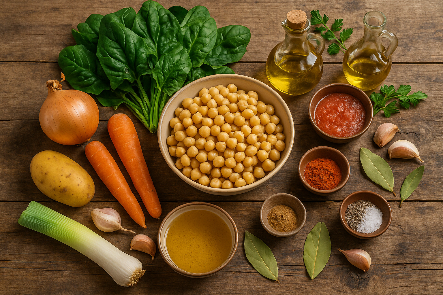Ingredientes para potaje vegetal: garbanzos, espinacas, cebolla, zanahoria, patata, puerro, ajo, tomate