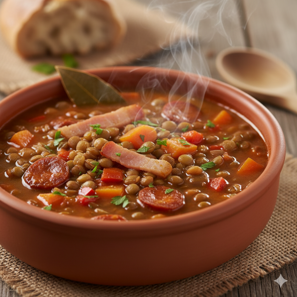 Plato de lentejas guisadas caseras servido caliente con un chorrito de aceite de oliva