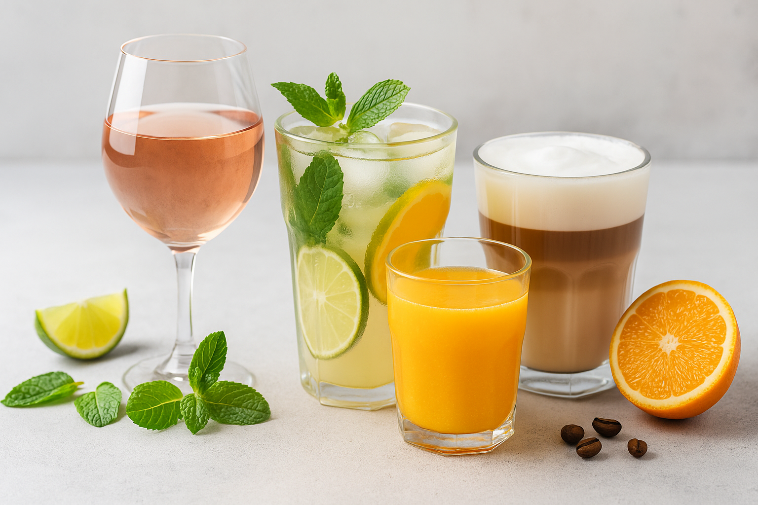 Mesa con bebidas variadas: café, infusiones, vinos, cócteles, cerveza y bebidas sin alcohol