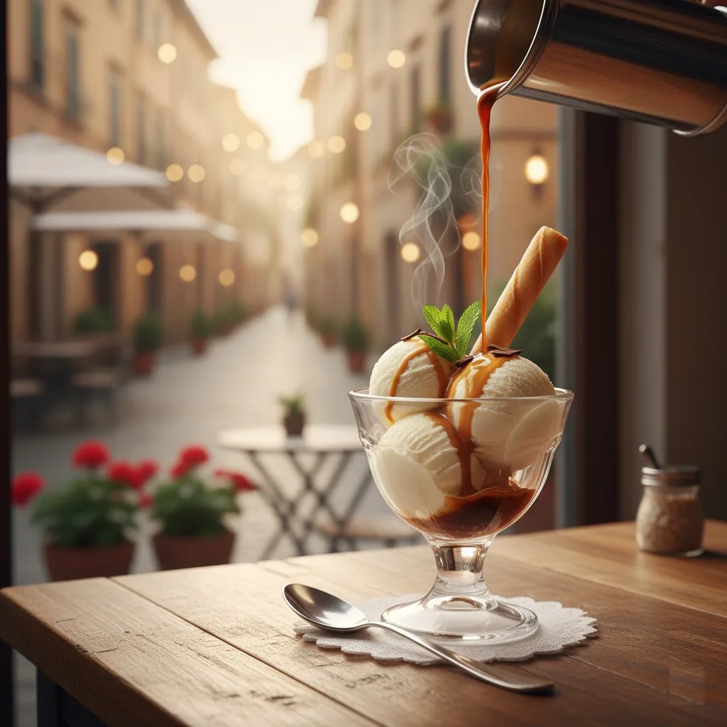 Affogato servido en copa con helado parcialmente fundido por el espresso