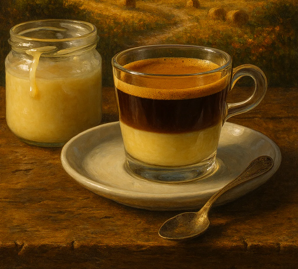 Café bombón servido en vaso de cristal con capas de espresso y leche condensada