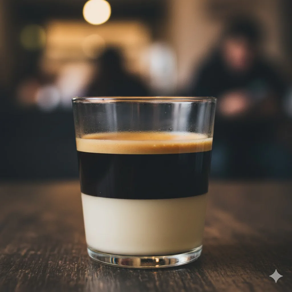 Café bombón terminado con dos capas visibles en vaso pequeño