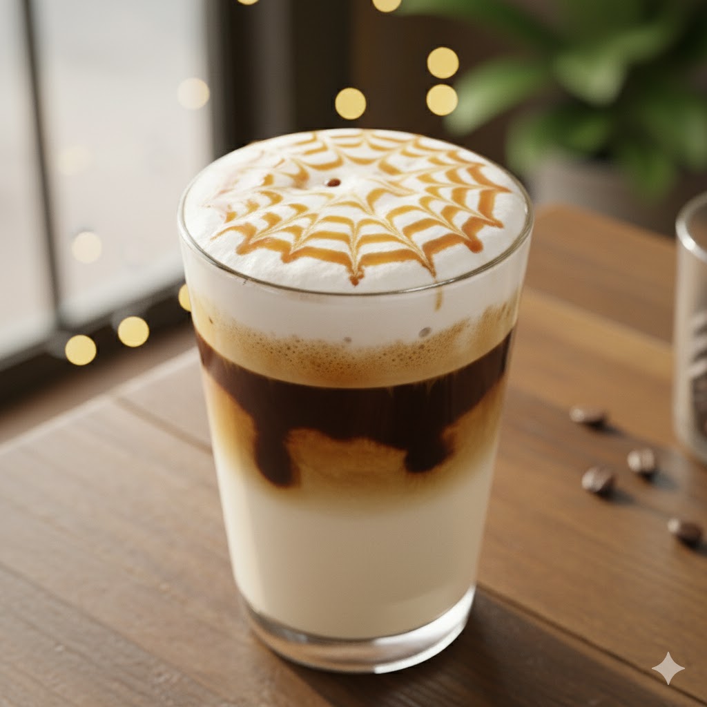 [translate:Café caramel macchiato servido]