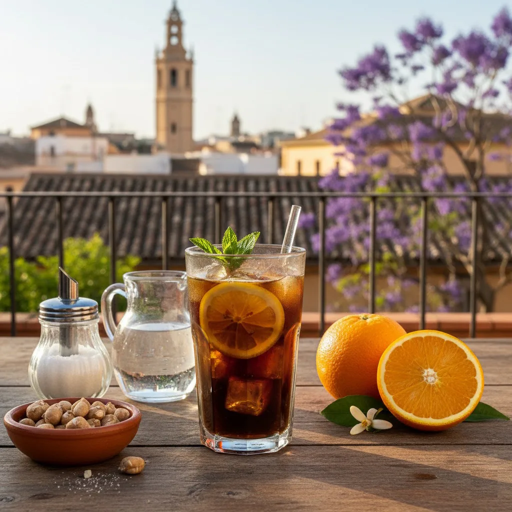 Café del tiempo servido en vaso con hielo y una piel fina de limón