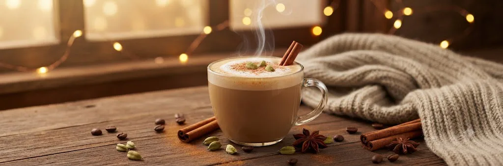 Café especiado caliente con canela y vainas de cardamomo