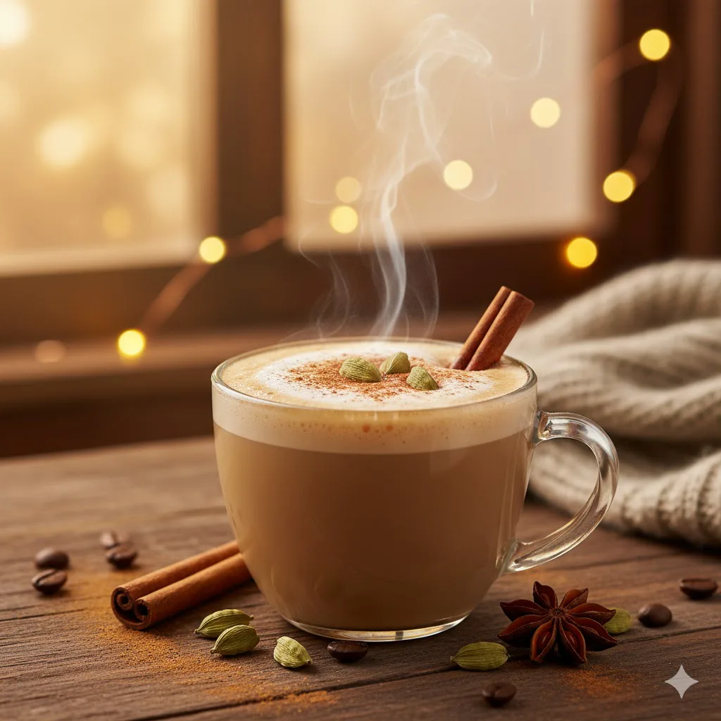 Café especiado terminado y servido caliente con canela