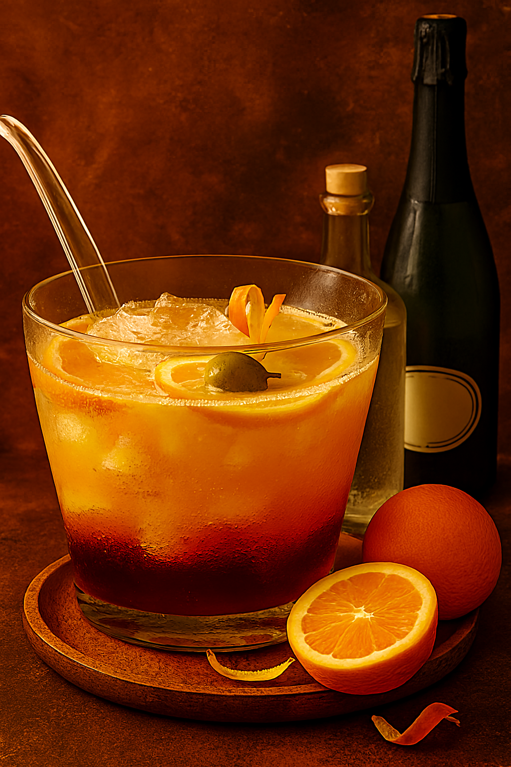 Naranjas, cava, ginebra, vodka y hielo para preparar Agua de Valencia