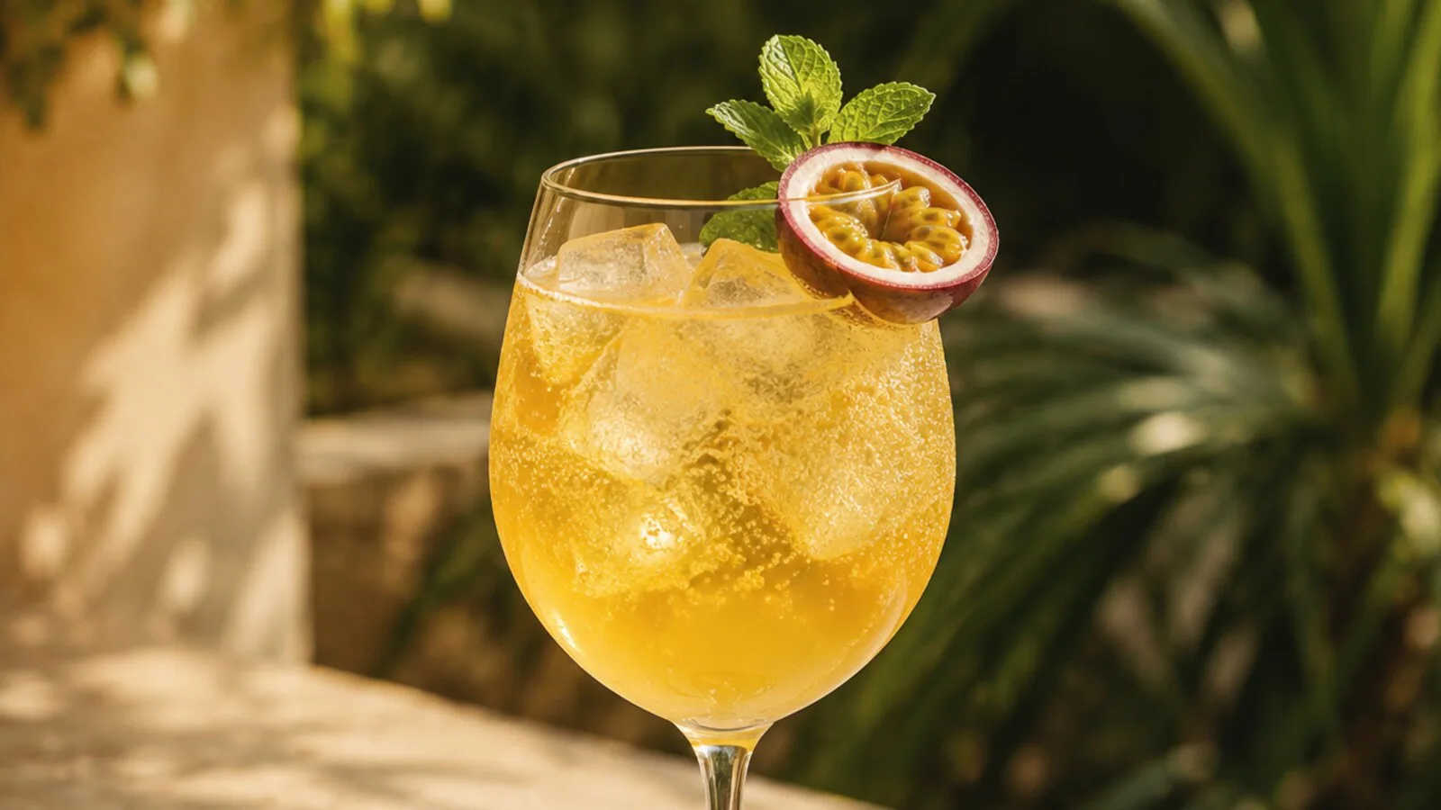 Amazon Spritz dorado con cachaça, maracuyá, hielo y burbujas