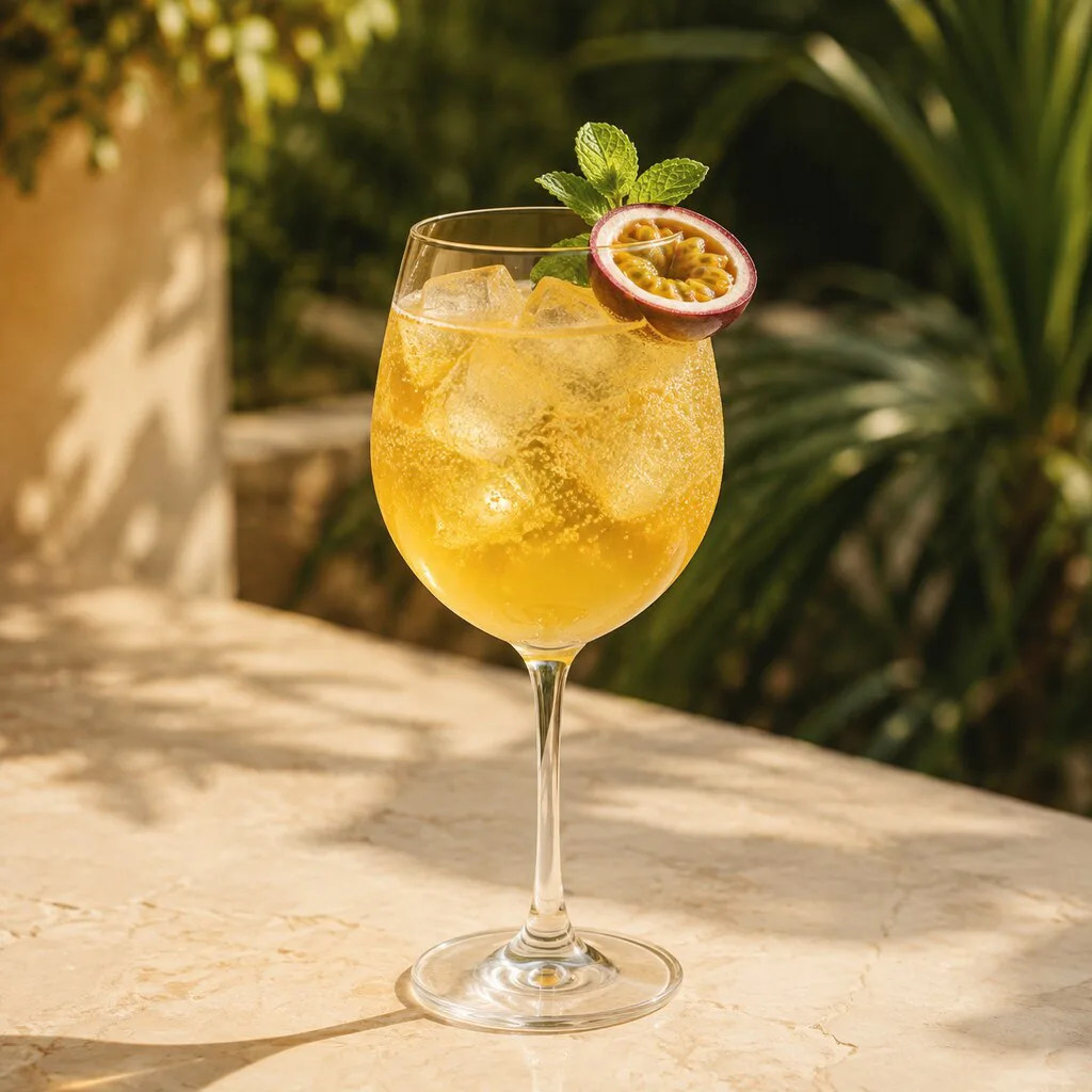 Amazon Spritz terminado con maracuyá, hierbabuena, hielo y burbujas
