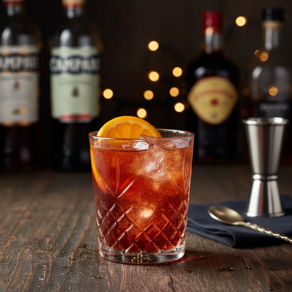 Cóctel Americano terminado con hielo y naranja