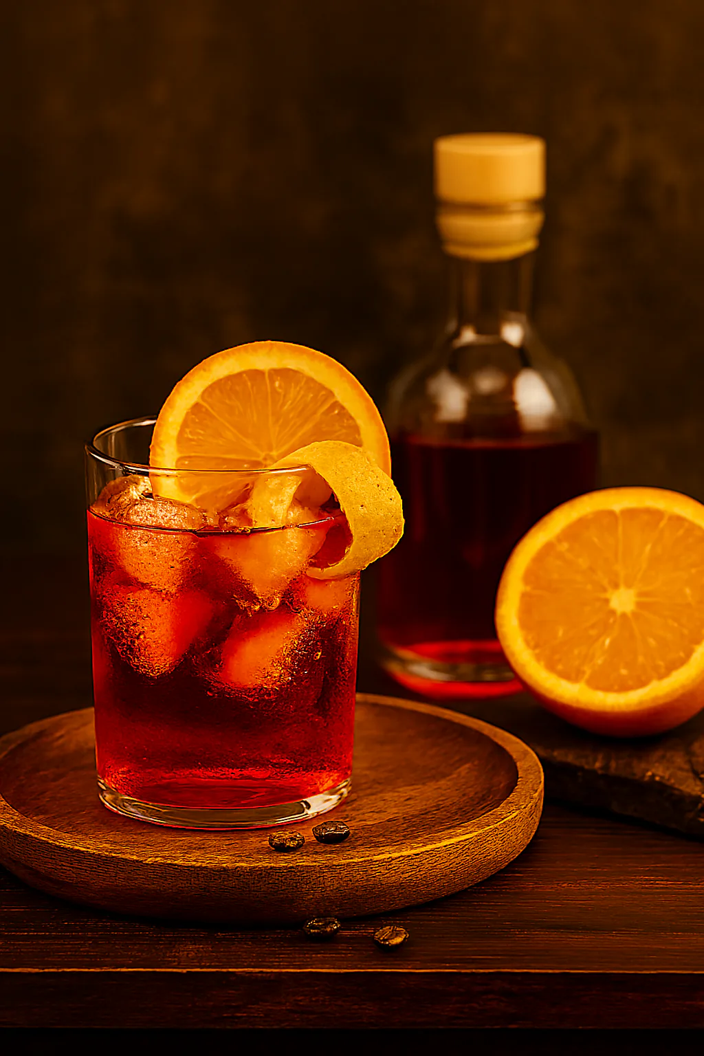 Bitter rojo, vermut, soda, naranja e hielo para Americano