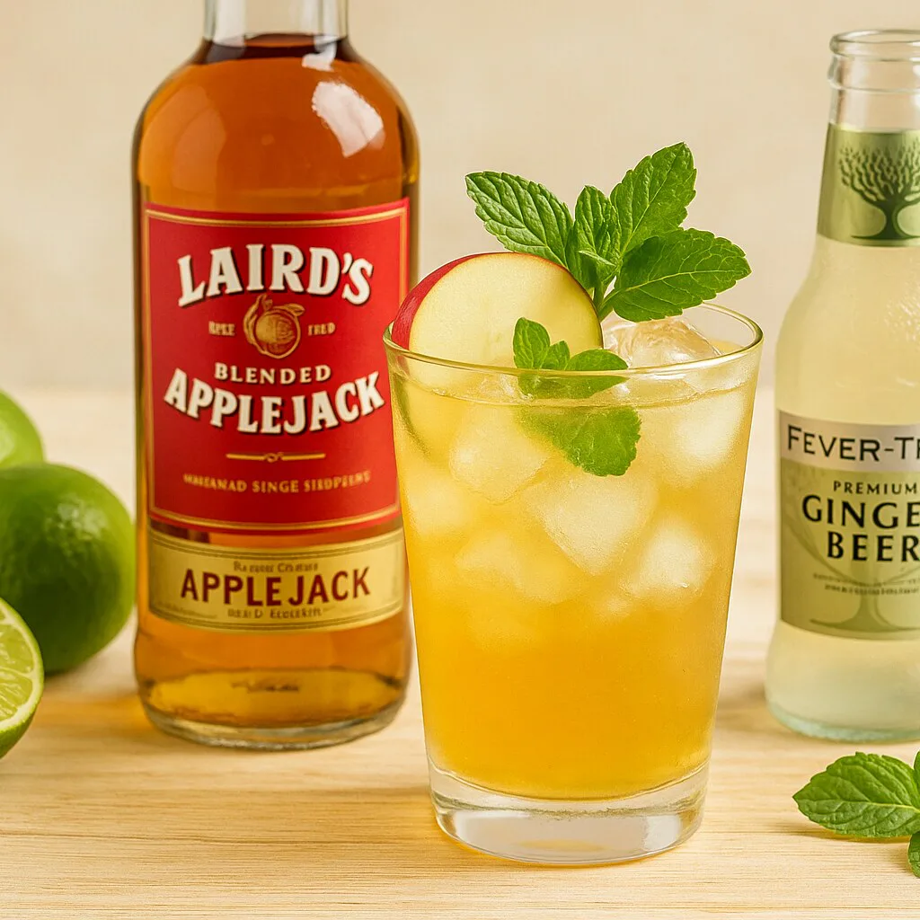 Applejack Mule frío servido con hielo, manzana y lima