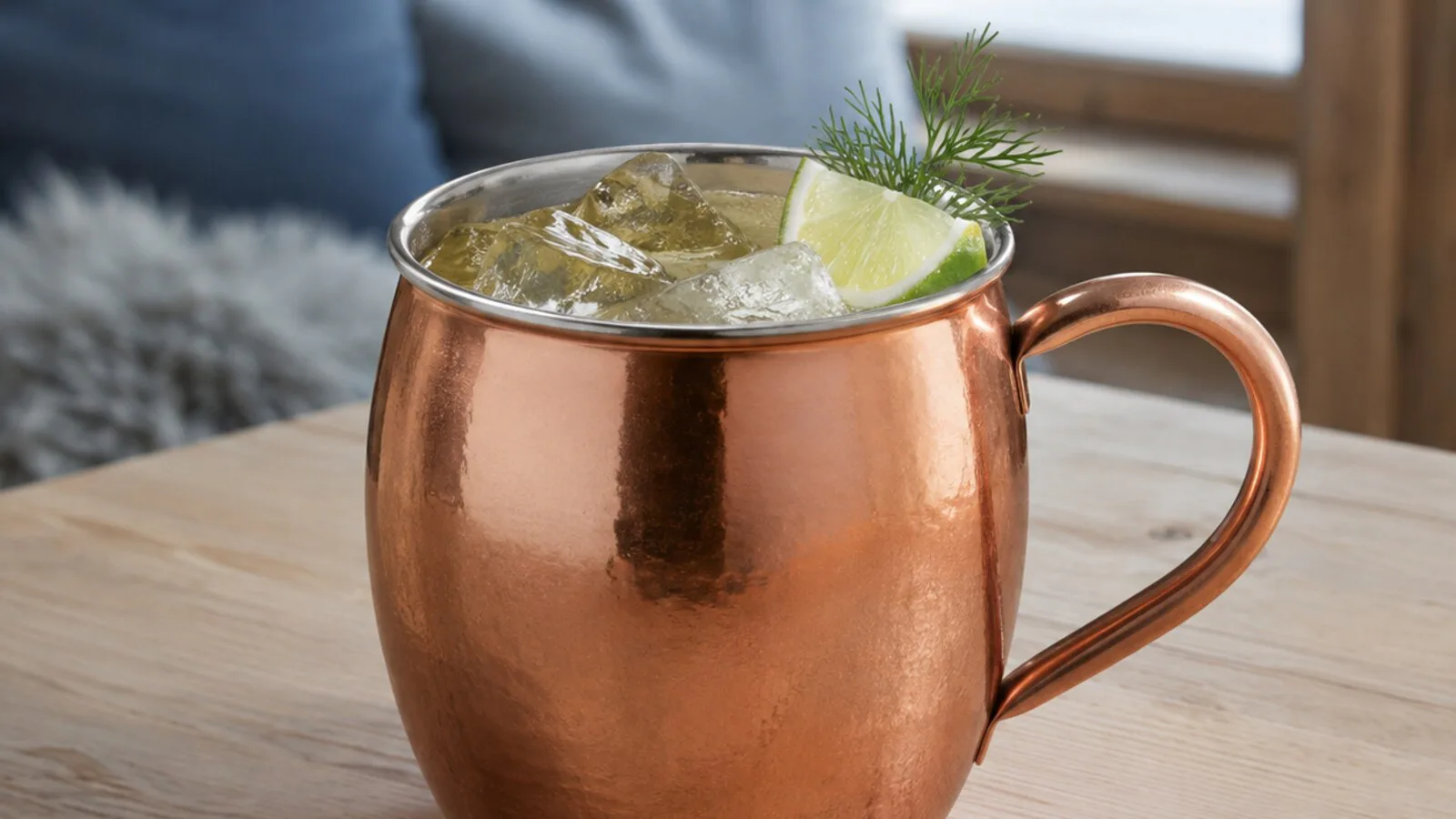 Aquavit Nordic Mule con ginger beer, lima, eneldo, hielo y taza revestida