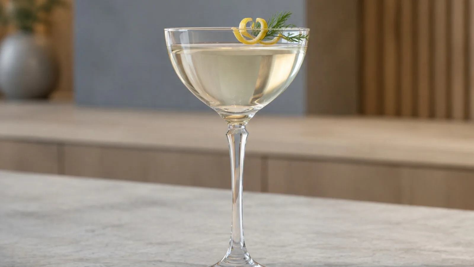 Aquavit Viking Martini frío con piel de limón y una punta de eneldo