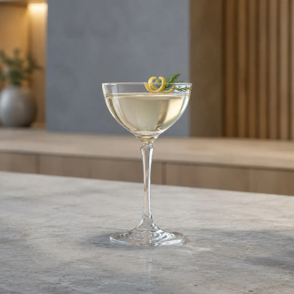 Viking Martini terminado con piel de limón y una punta pequeña de eneldo