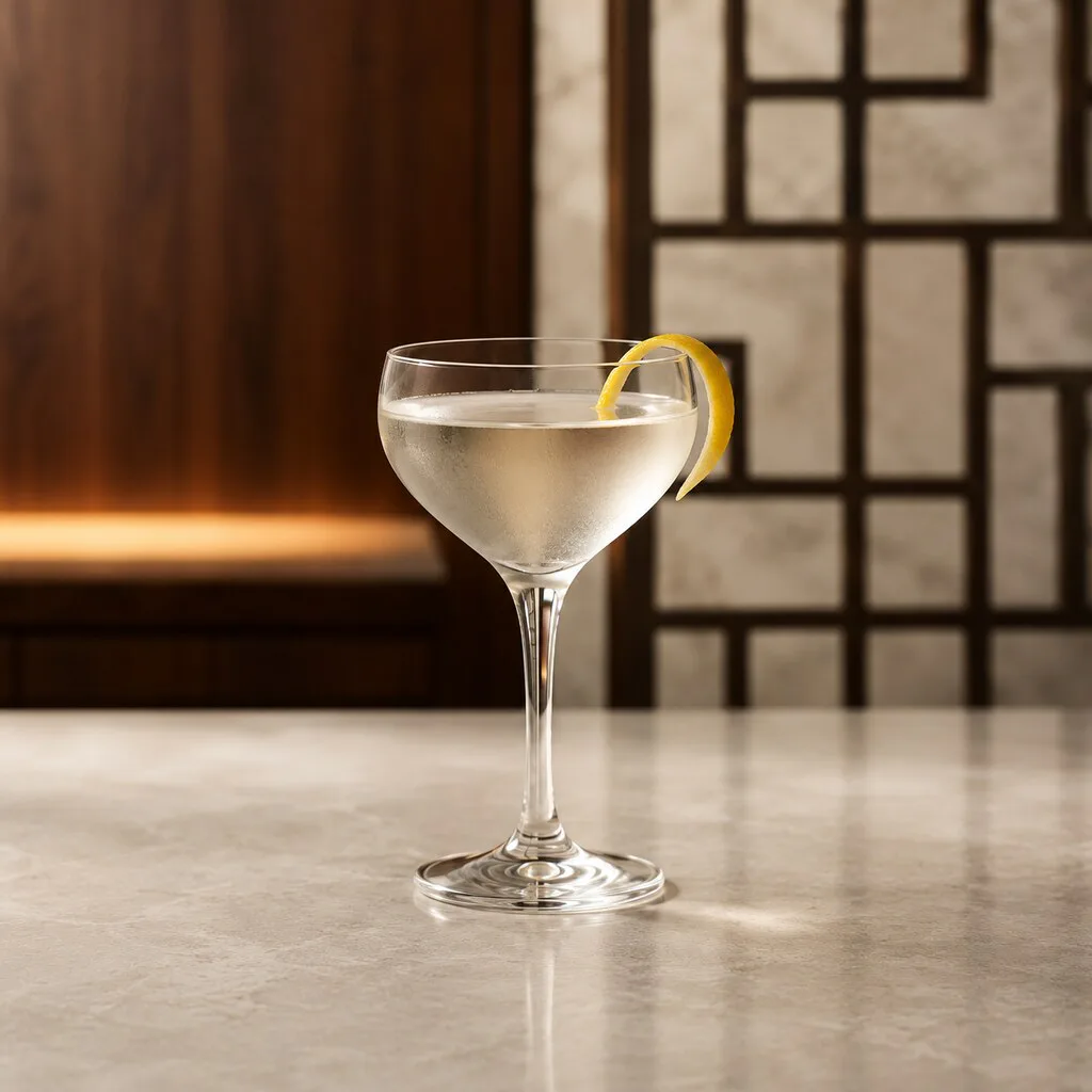 Baijiu Martini terminado con una fina piel de limón en copa fría