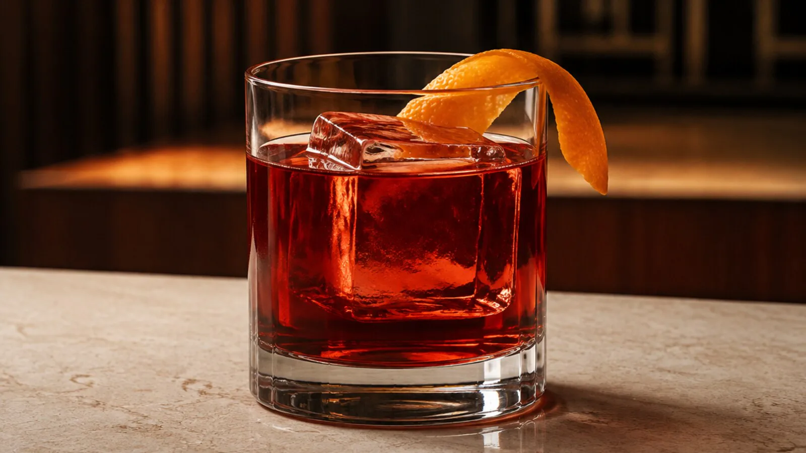 Baijiu Negroni rojo ámbar con un cubo grande y piel de naranja