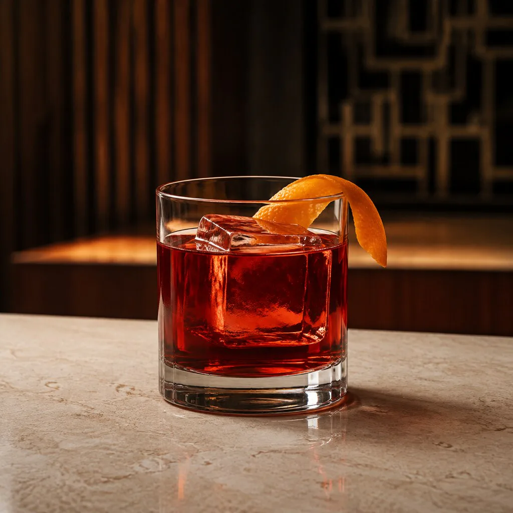 Baijiu Negroni terminado sobre un cubo grande con piel de naranja
