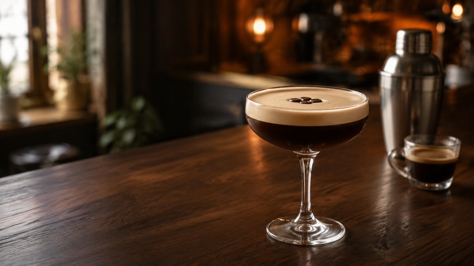 Baileys Espresso Martini frío con espuma de café en una copa de cóctel