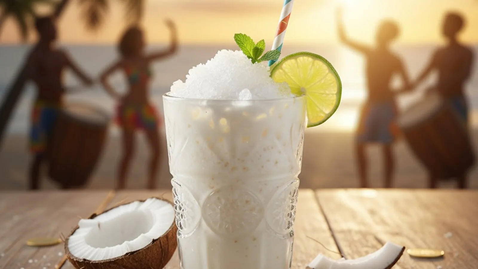 Batida de coco brasileña cremosa preparada con cachaça
