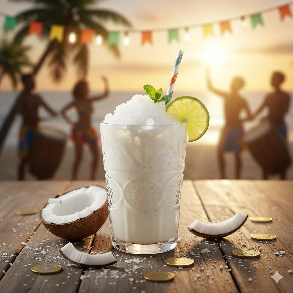 Batida de coco terminada en vaso frío con decoración de coco