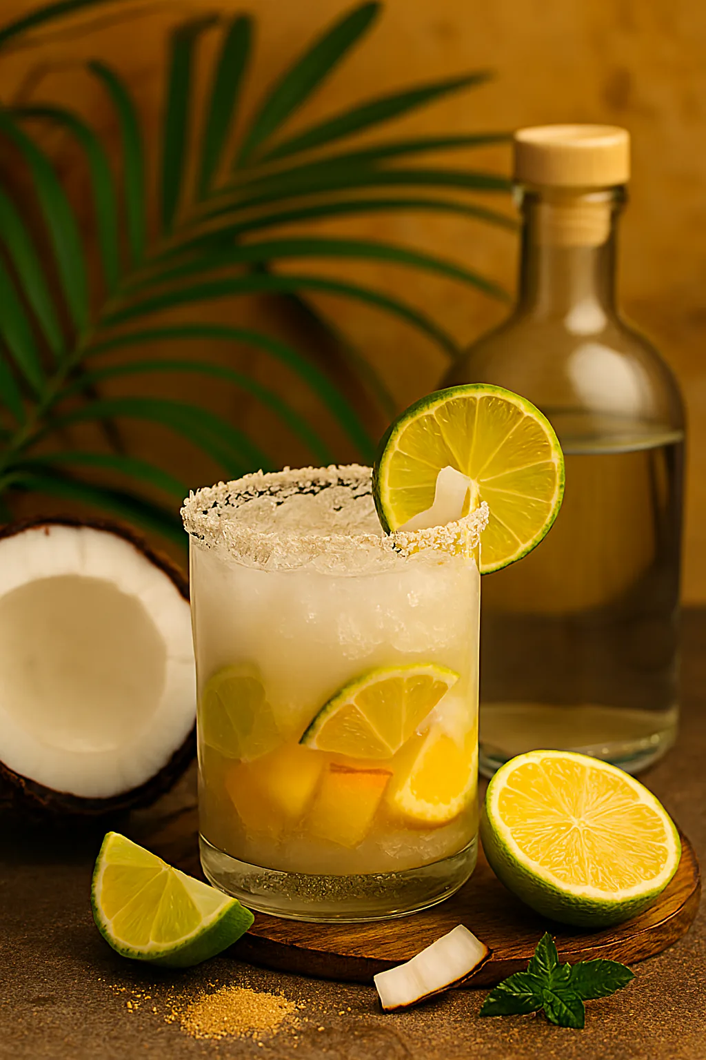 Cachaça, leche de coco, leche condensada, hielo y coco para una batida