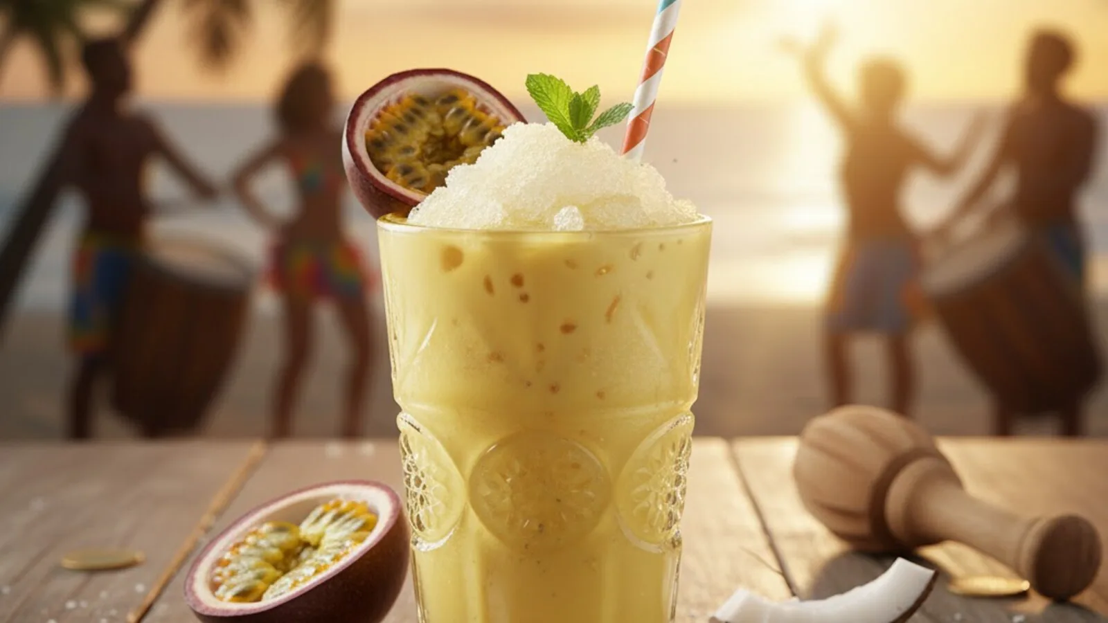 Batida de maracuyá brasileña con cachaça y fruta fresca