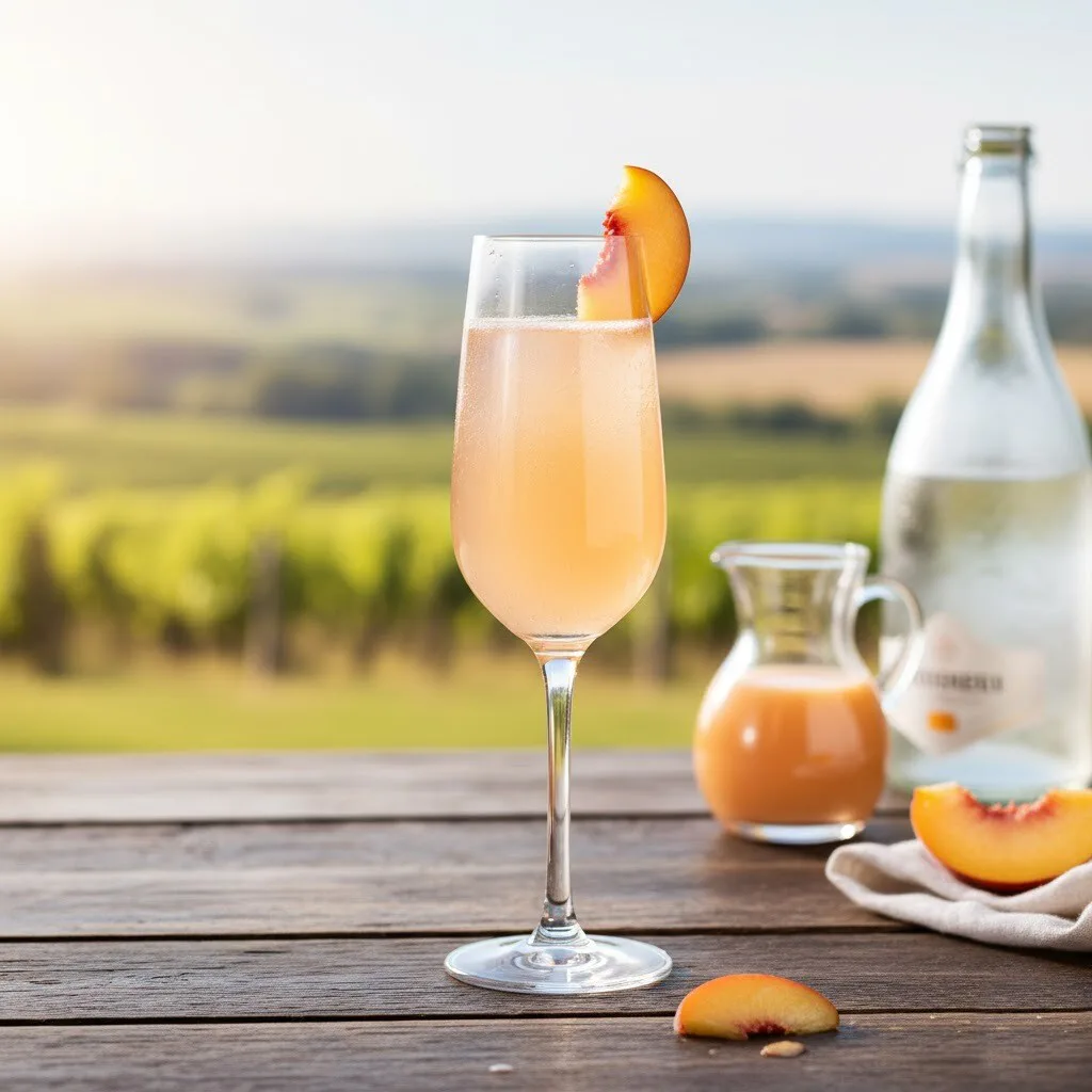 Bellini terminado en copa flauta con tono melocotón pálido