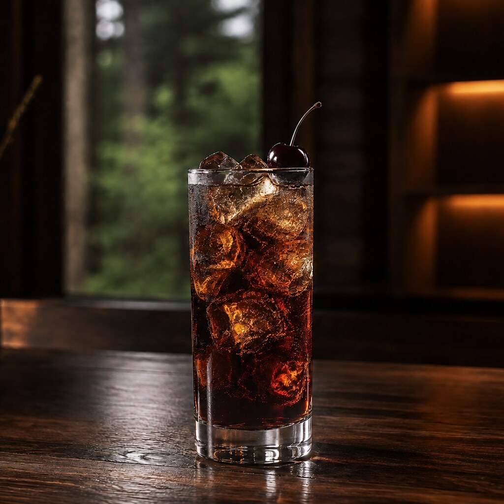 Black Forest Highball terminado con hielo y una cereza
