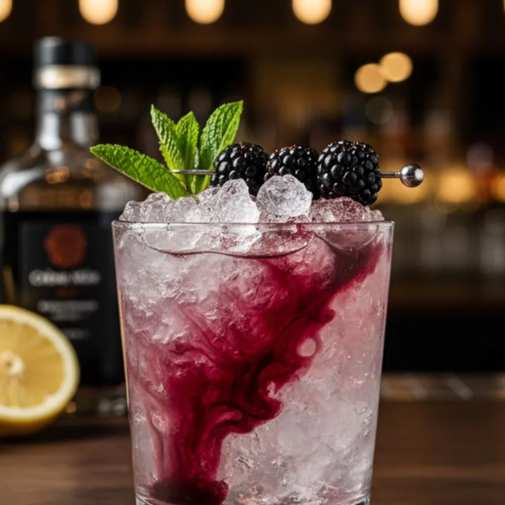 Bramble rojo y violeta con moras sobre hielo picado