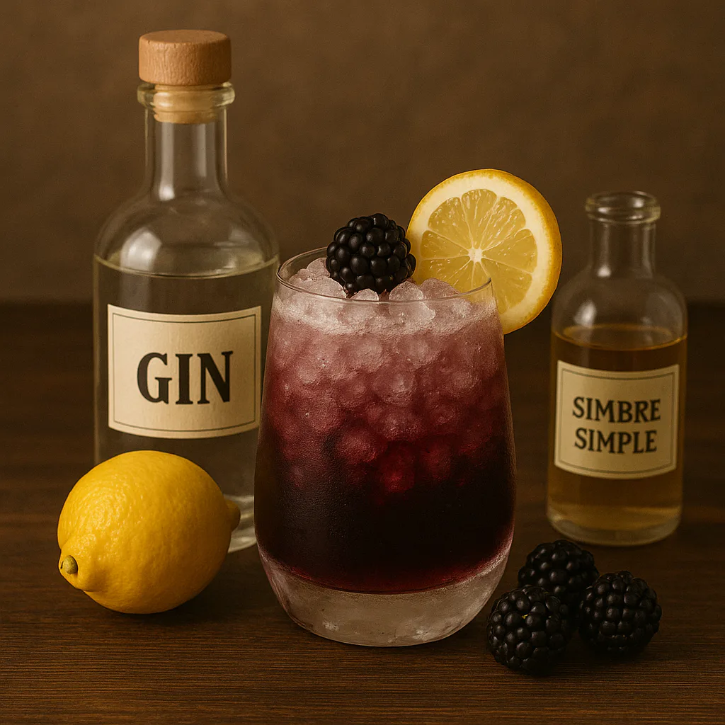 Ginebra, limón, sirope y licor de mora para Bramble