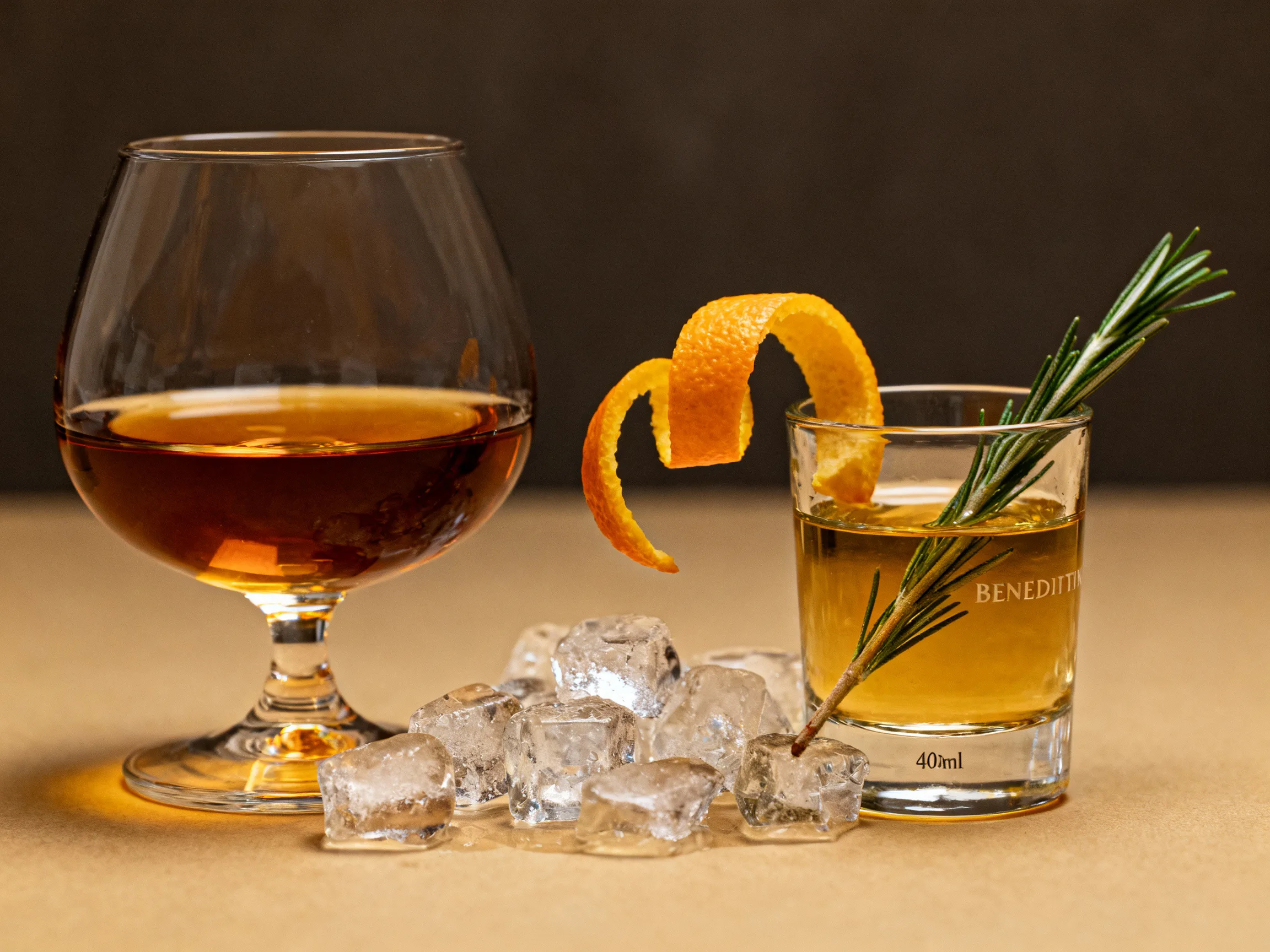 Coñac, Bénédictine, limón y hielo para preparar un B & B