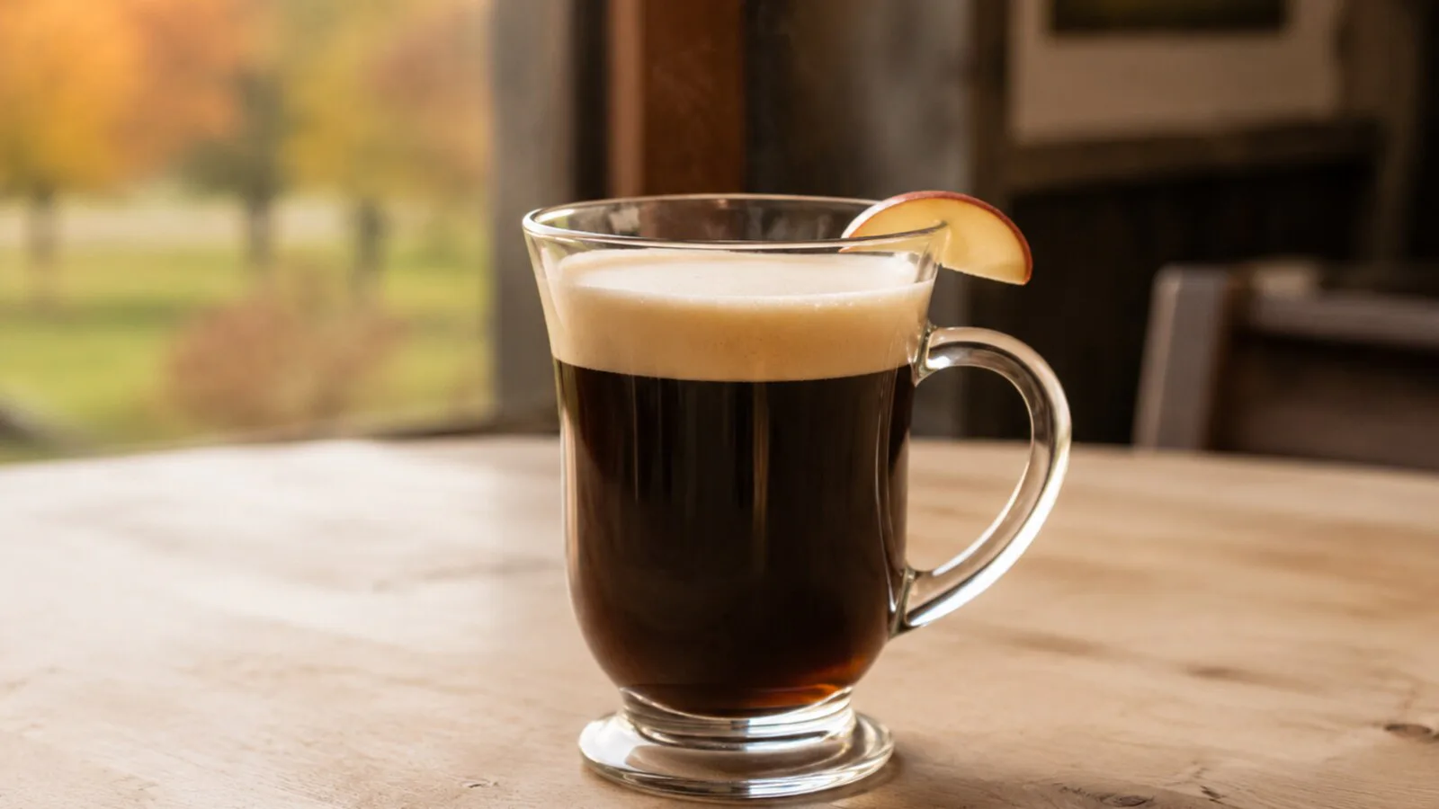 Café Calvados oscuro en vaso térmico con una capa fina de nata