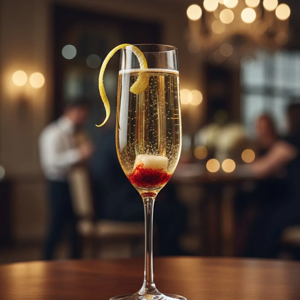 Champagne Cocktail servido con naranja y cereza