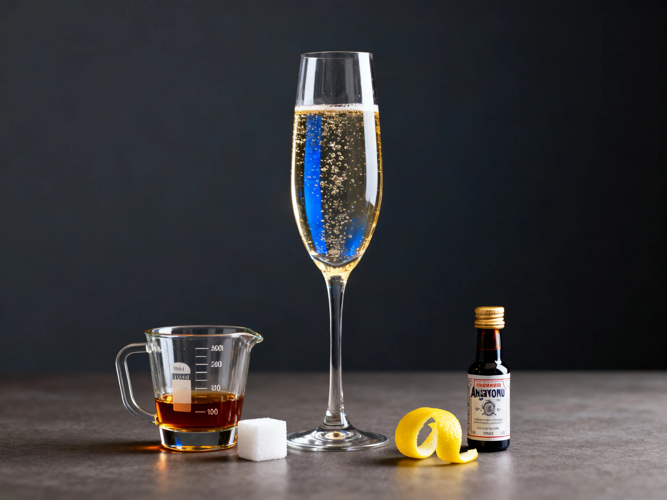 Champagne, coñac, Angostura, azúcar, naranja y cereza para el cóctel
