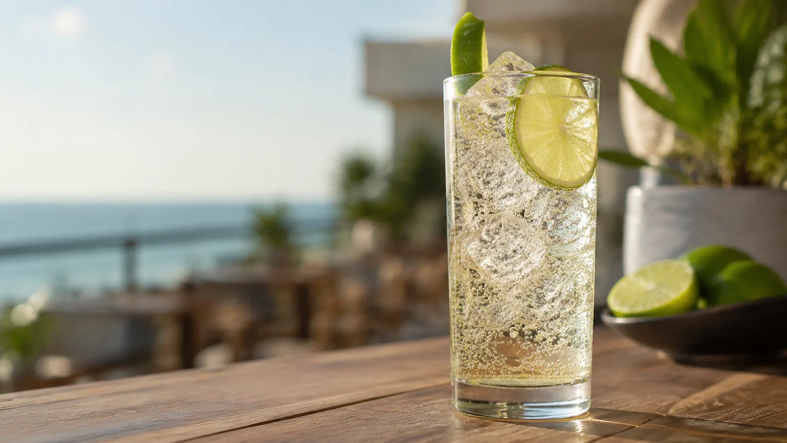 Chilcano de pisco servido en vaso alto con hielo, lima y burbujas