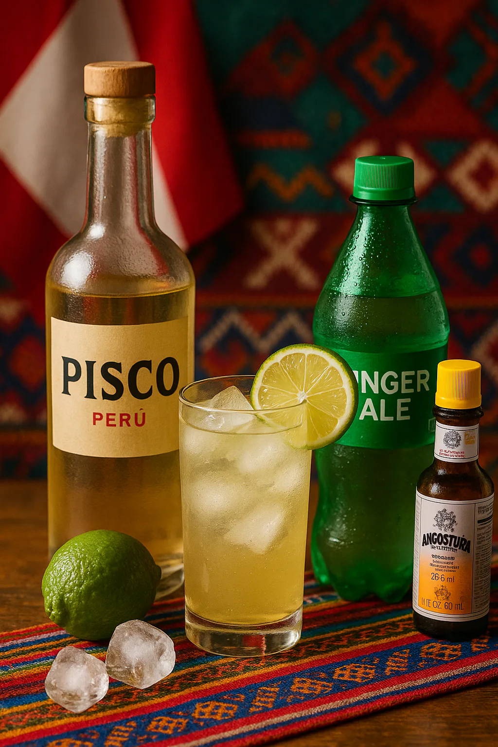 Pisco, lima, ginger ale, amargo aromático y hielo para un Chilcano