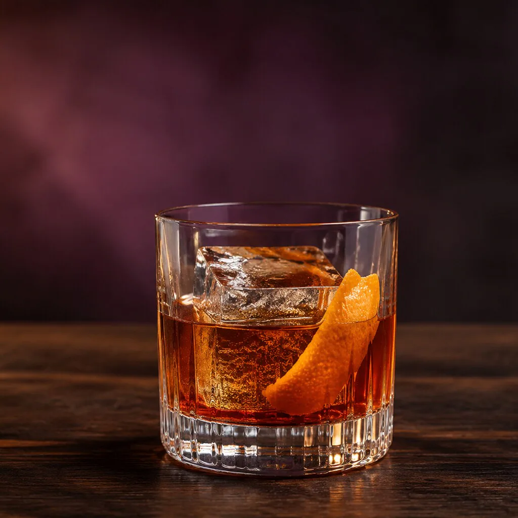 Ciruela Ahumada Old Fashioned terminado con hielo grande y naranja